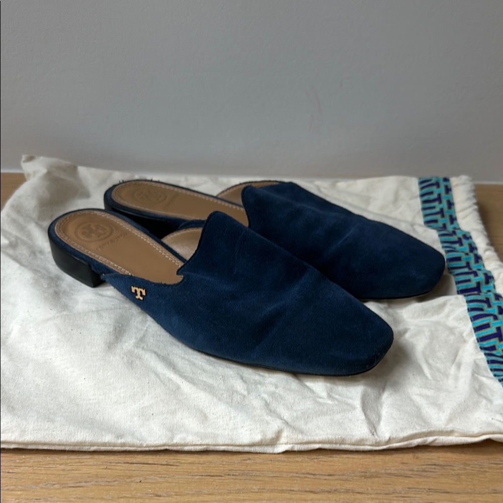 Tory Burch Navy Blue Suede Mules